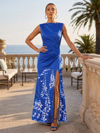 Floral Print Sheath/Column Scoop Neck Floor-Length Mother of the Bride & Groom Dresses with Ruched Waist (SHI22501153)