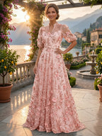 Sequin Floral A-Line/Princess V-Neck Floor-Length Mother of the Bride & Groom Dresses with 3D Flowers & Pleats (SHI22501350)