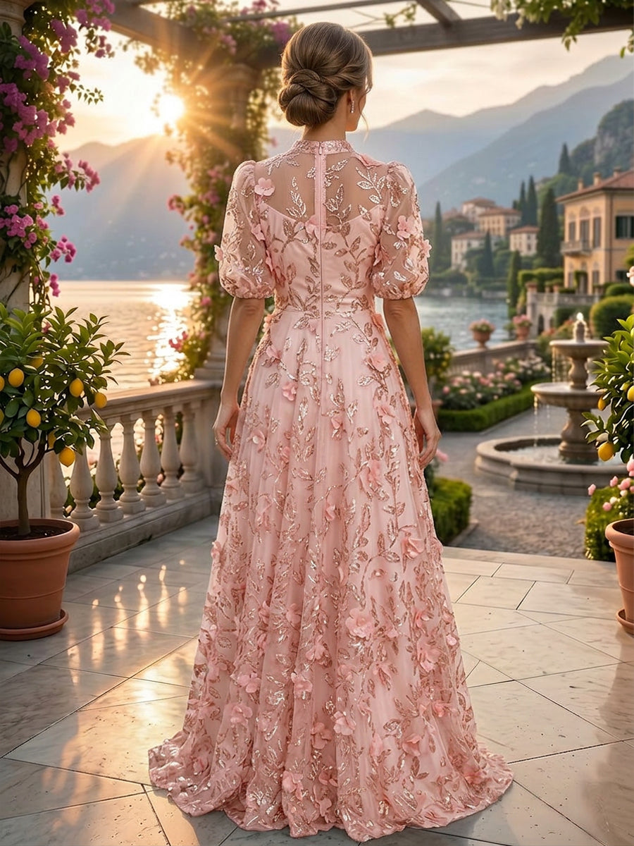 Sequin Floral A-Line/Princess V-Neck Floor-Length Mother of the Bride & Groom Dresses with 3D Flowers & Pleats (SHI22501348)