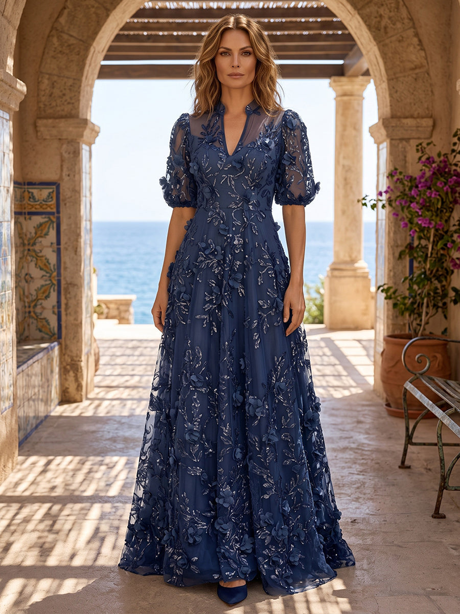 Sheath/Column V-Neck Satin Floor-Length Mother of the Bride & Groom Dresses with 3D Flowers & Ruffles (SHI22501665)