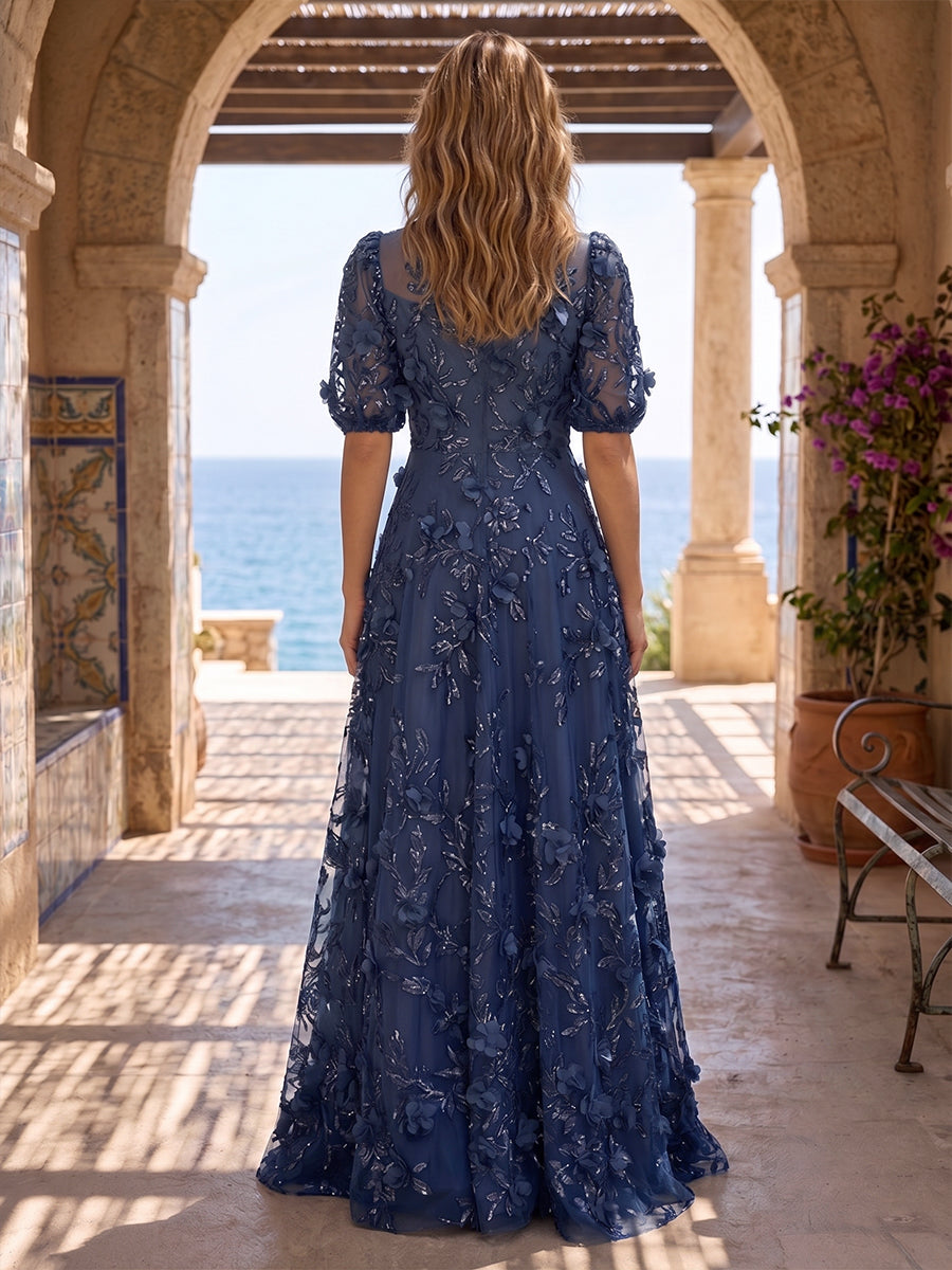 Jumpsuit Scoop Neck Chiffon Maxi Mother of the Bride Pantsuits with 3D Flowers & Bow (SHI22501634)