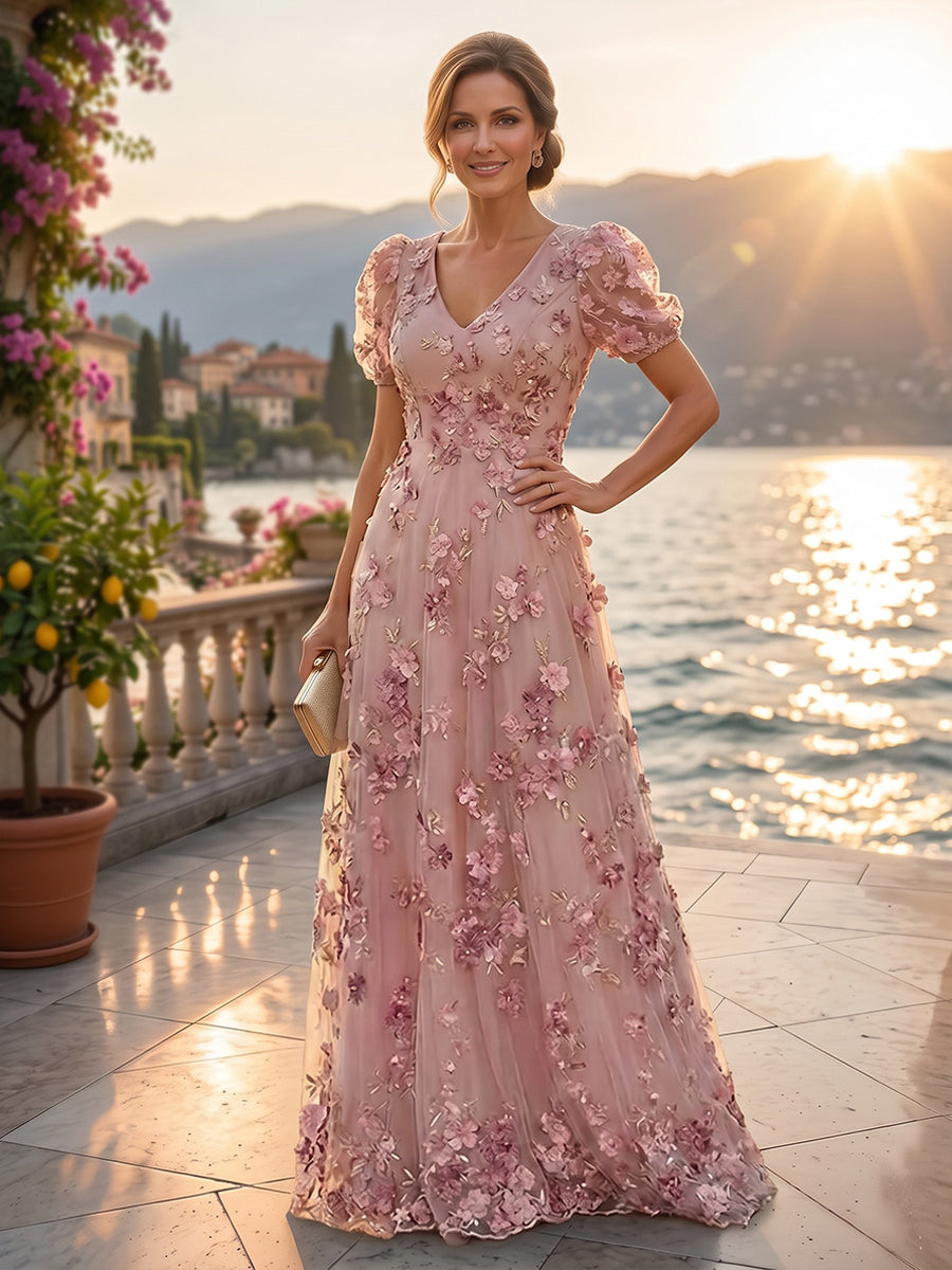Tulle A-Line/Princess Off Shoulder Floor-Length Mother of the Bride & Groom Dresses with 3D Flowers (SHI22501019)