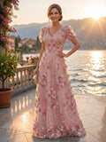 Tulle A-Line/Princess V-Neck Floor-Length Mother of the Bride & Groom Dresses with 3D Flowers (SHI22501351)