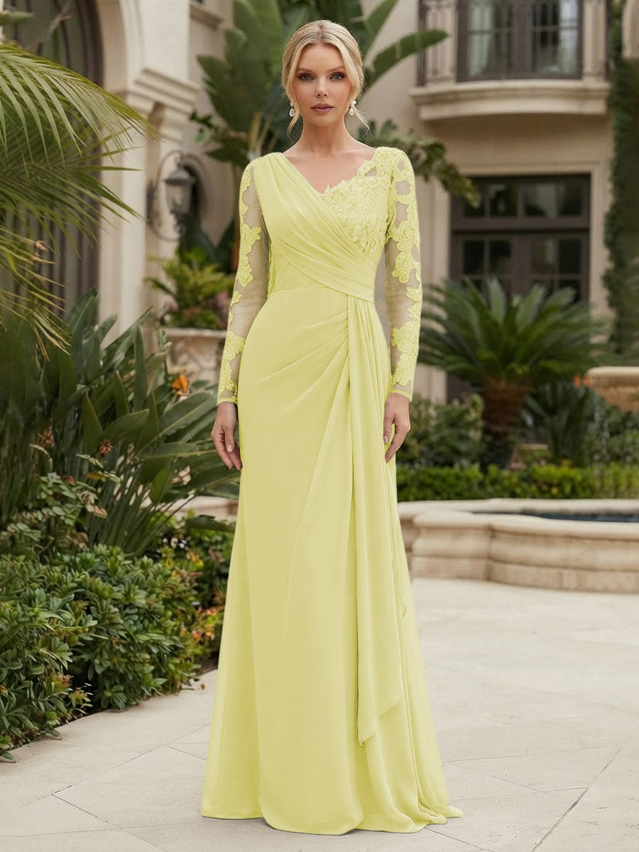 Chiffon Sheath/Column V-Neck Floor-Length Mother of the Bride & Groom Dresses with Lace Embroidery Bodice & Ruched Waist (SHI22501510)