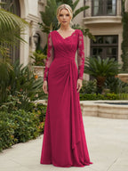 Chiffon Sheath/Column V-Neck Floor-Length Mother of the Bride & Groom Dresses with Lace Embroidery Bodice & Ruched Waist (SHI22501510)