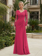 Chiffon Sheath/Column V-Neck Floor-Length Mother of the Bride & Groom Dresses with Lace Embroidery Bodice & Ruched Waist (SHI22501510)