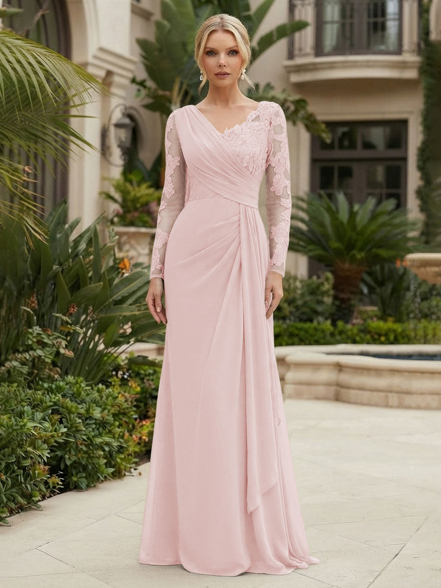 Chiffon Sheath/Column V-Neck Floor-Length Mother of the Bride & Groom Dresses with Lace Embroidery Bodice & Ruched Waist (SHI22501510)