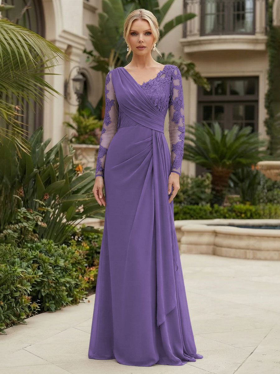 Chiffon Sheath/Column V-Neck Floor-Length Mother of the Bride & Groom Dresses with Lace Embroidery Bodice & Ruched Waist (SHI22501510)