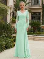 Chiffon Sheath/Column V-Neck Floor-Length Mother of the Bride & Groom Dresses with Lace Embroidery Bodice & Ruched Waist (SHI22501510)