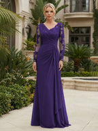Chiffon Sheath/Column V-Neck Floor-Length Mother of the Bride & Groom Dresses with Lace Embroidery Bodice & Ruched Waist (SHI22501510)
