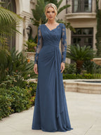 Chiffon Sheath/Column V-Neck Floor-Length Mother of the Bride & Groom Dresses with Lace Embroidery Bodice & Ruched Waist (SHI22501510)
