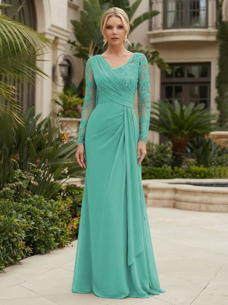 Chiffon Sheath/Column V-Neck Floor-Length Mother of the Bride & Groom Dresses with Lace Embroidery Bodice & Ruched Waist (SHI22501510)