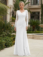 Chiffon Sheath/Column V-Neck Floor-Length Mother of the Bride & Groom Dresses with Lace Embroidery Bodice & Ruched Waist (SHI22501510)