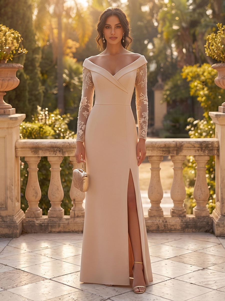 Sheath/Column Off Shoulder Stretch Jersey Floor-Length Mother of the Bride & Groom Dresses with Lace Appliques Sleeves & Slit (SHI22501550)