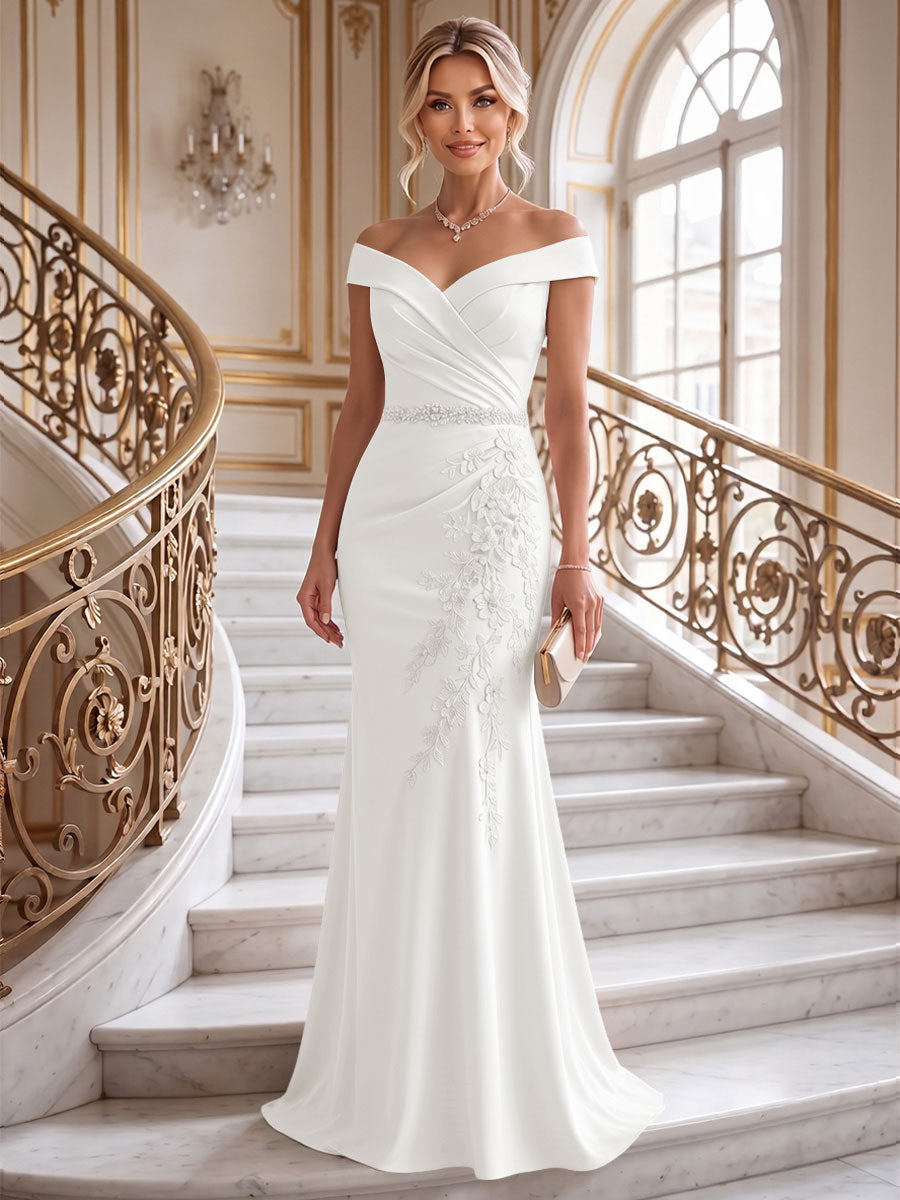 Sheath/Column Off Shoulder Chiffon Floor-Length Mother of the Bride & Groom Dresses with Lace Appliques (SHI22501551)