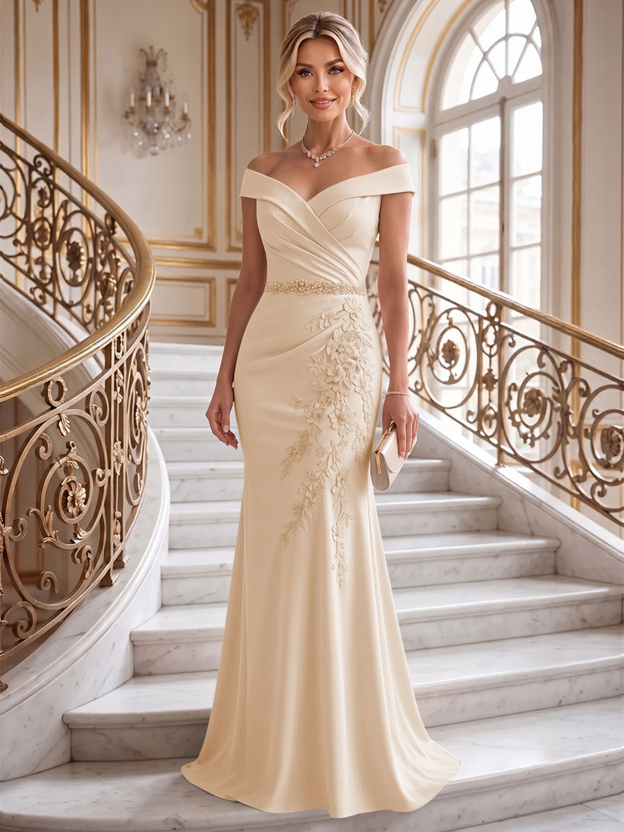 Sheath/Column Off Shoulder Chiffon Floor-Length Mother of the Bride & Groom Dresses with Lace Appliques (SHI22501551)