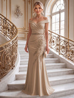 Sheath/Column Off Shoulder Chiffon Floor-Length Mother of the Bride & Groom Dresses with Lace Appliques (SHI22501551)