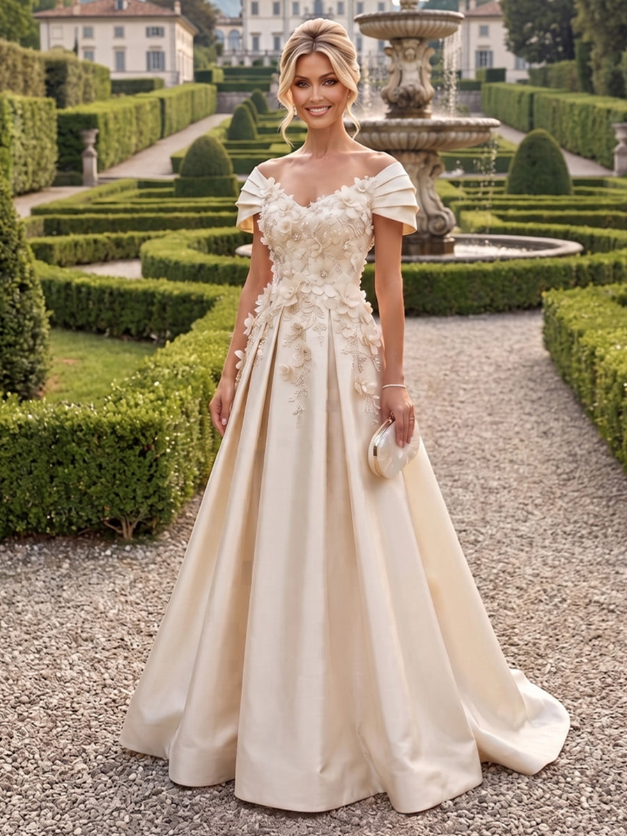 A-Line/Princess Off Shoulder Satin Floor-Length Mother of the Bride & Groom Dresses with 3D Flowers & Sweep Train (SHI22501552)