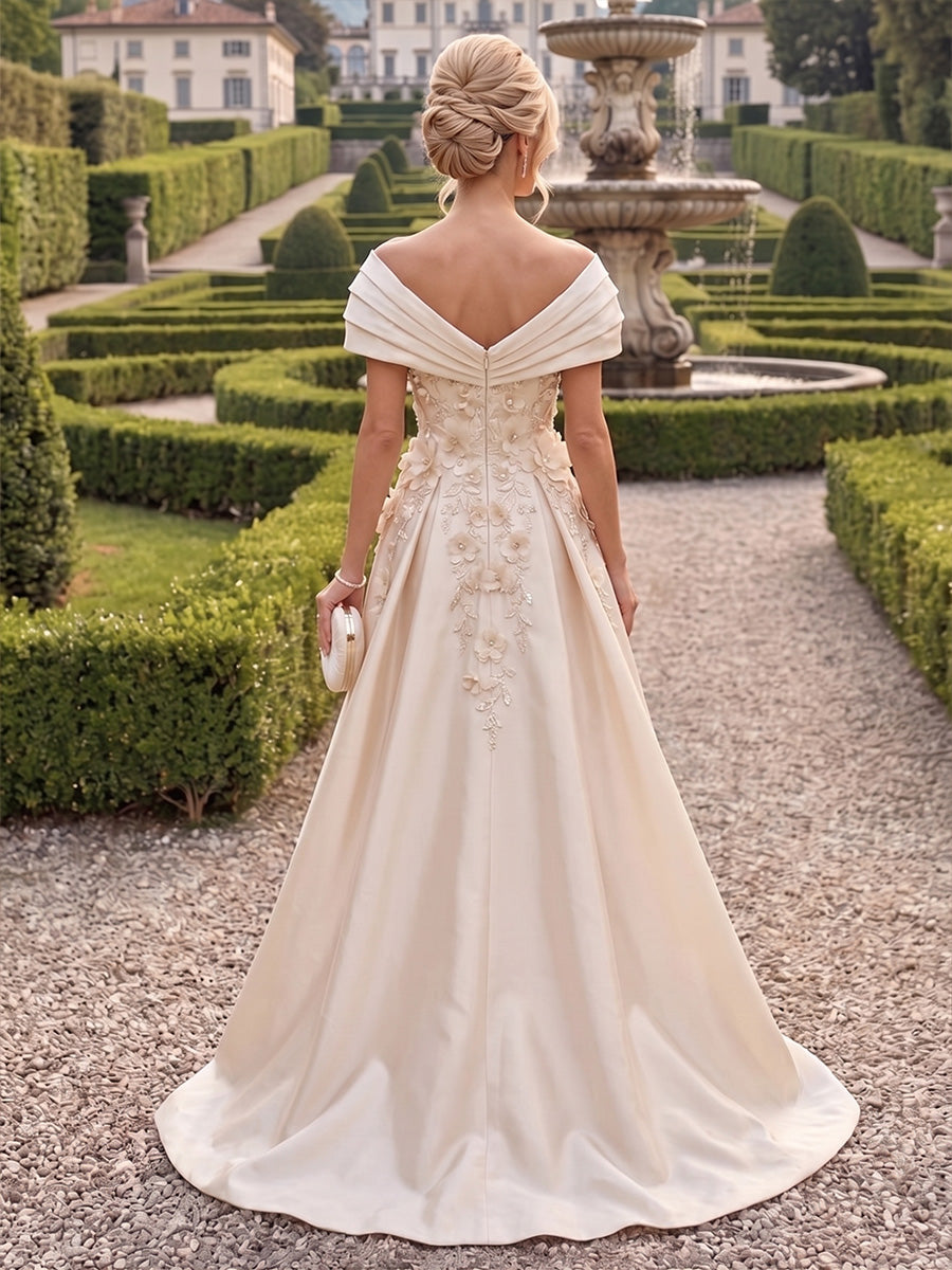 A-Line/Princess Off Shoulder Satin Floor-Length Mother of the Bride & Groom Dresses with 3D Flowers & Sweep Train (SHI22501552)