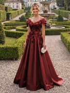 A-Line/Princess Off Shoulder Satin Floor-Length Mother of the Bride & Groom Dresses with 3D Flowers & Sweep Train (SHI22501552)