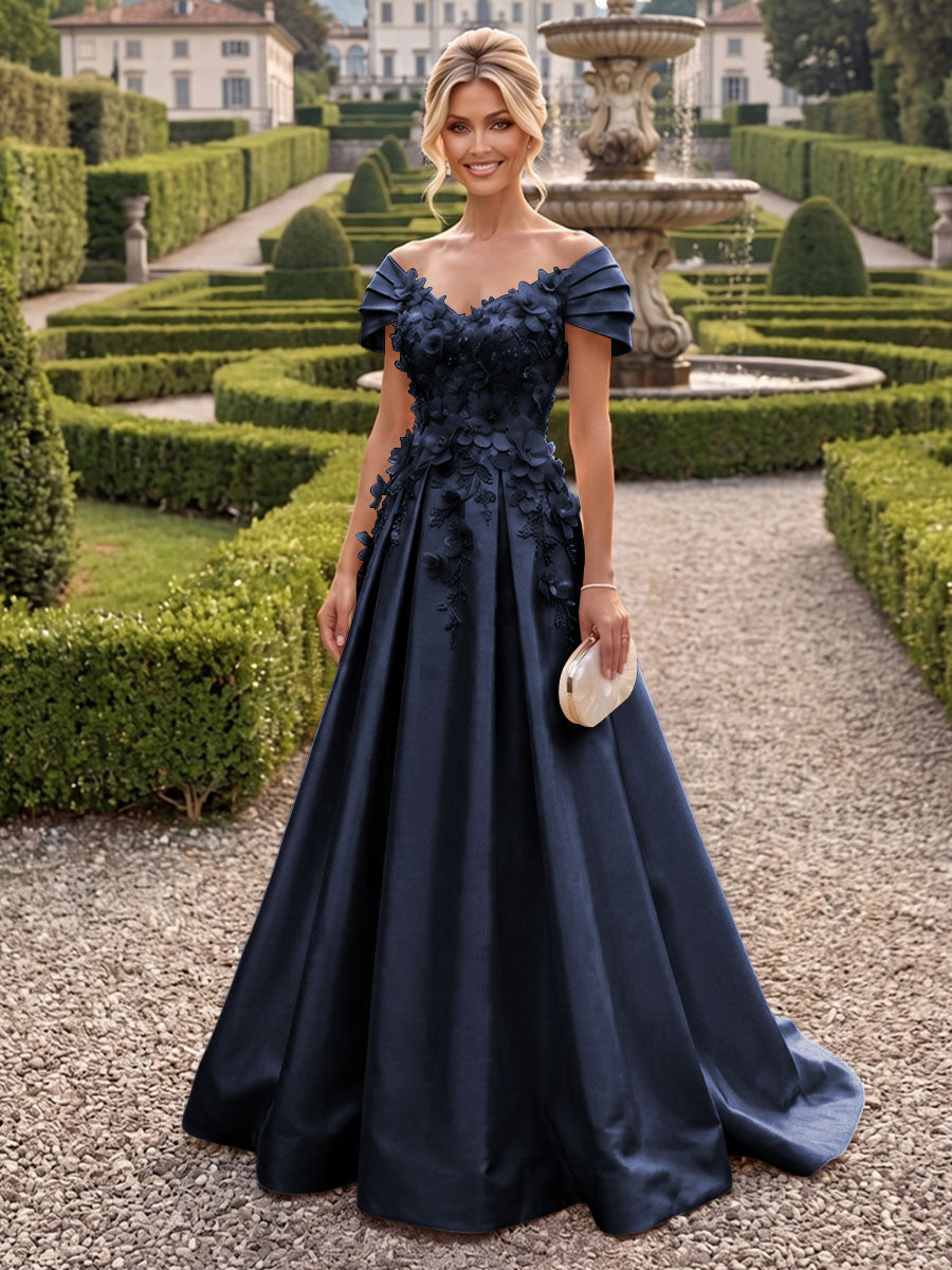 A-Line/Princess Off Shoulder Satin Floor-Length Mother of the Bride & Groom Dresses with 3D Flowers & Sweep Train (SHI22501552)