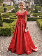 A-Line/Princess Off Shoulder Satin Floor-Length Mother of the Bride & Groom Dresses with 3D Flowers & Sweep Train (SHI22501552)