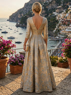 Jacquard A-Line/Princess V-Neck Floor-Length Mother of the Bride & Groom Dresses with Ruched Waist & Pockets (SHI22501298)