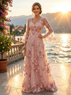 Tulle A-Line/Princess V-Neck Floor-Length Mother of the Bride & Groom Dresses with 3D Flowers (SHI22501351)