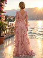 Tulle A-Line/Princess V-Neck Floor-Length Mother of the Bride & Groom Dresses with 3D Flowers (SHI22501351)