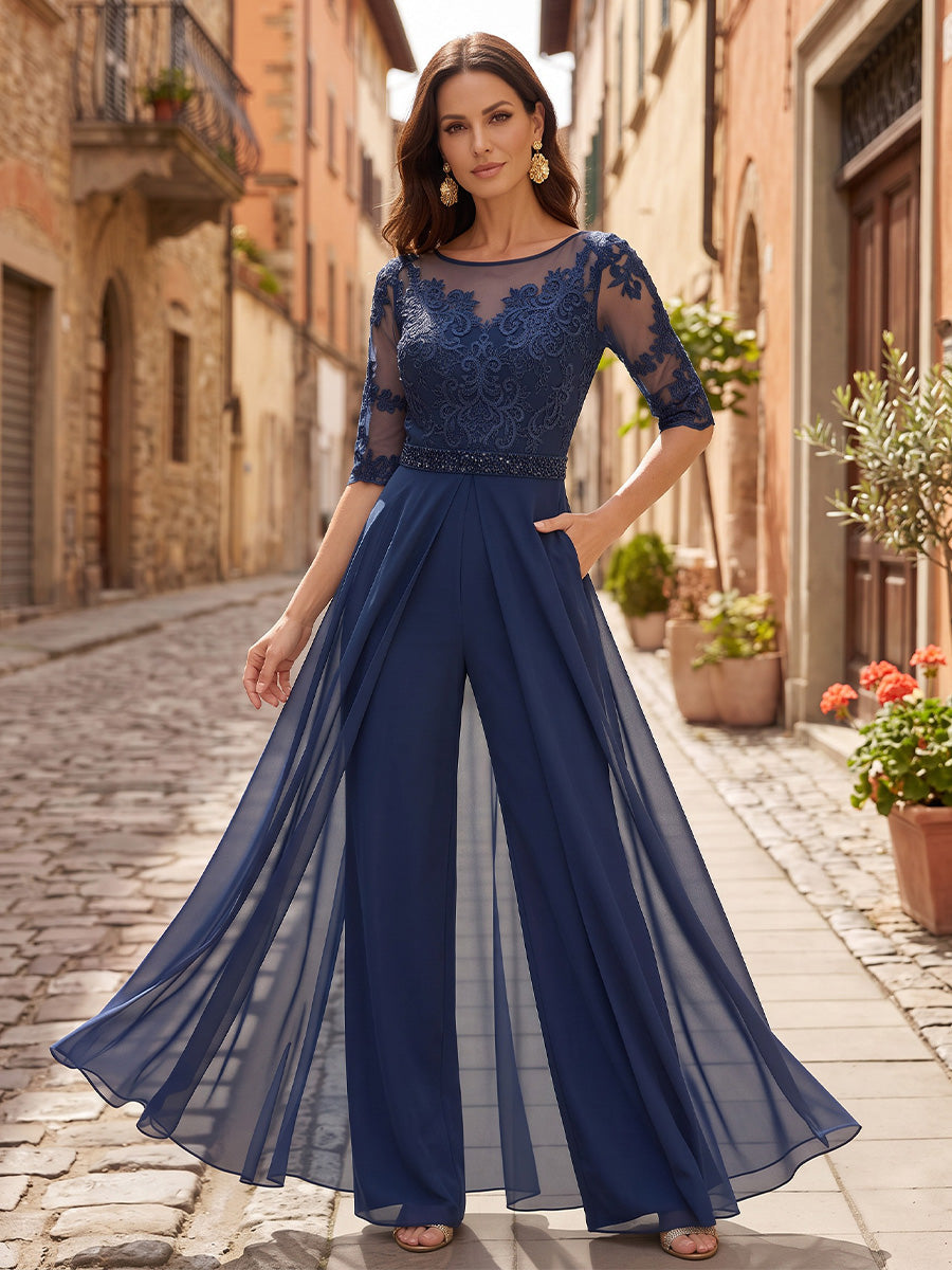 Scoop Neck Chiffon Floor-Length Mother of the Bride & Groom Jumpsuit with Lace Appliques (SHI22501558)