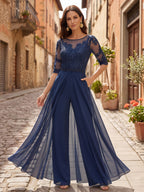Scoop Neck Chiffon Floor-Length Mother of the Bride & Groom Jumpsuit with Lace Appliques (SHI22501558)