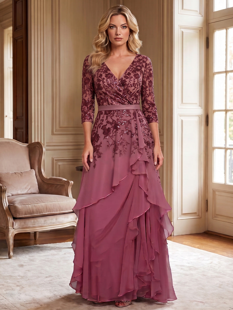 A-Line/Princess V-Neck Chiffon Floor-Length Mother of the Bride & Groom Dresses with Lace Appliques & Ruffles (SHI22501563)