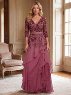 A-Line/Princess V-Neck Chiffon Floor-Length Mother of the Bride & Groom Dresses with Lace Appliques & Ruffles (SHI22501563)