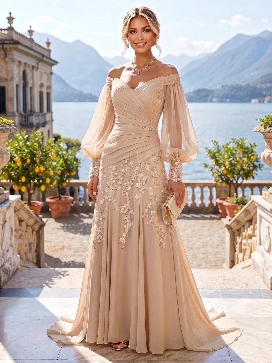 A-Line/Princess V-Neck Chiffon Floor-Length Mother of the Bride & Groom Dresses with Lace Appliques, Sequin & Ruffles (SHI22501608)