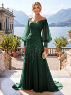 A-Line/Princess Off Shoulder Chiffon Floor-Length Mother of the Bride & Groom Dresses with Lace Appliques & Pleats (SHI22501566)