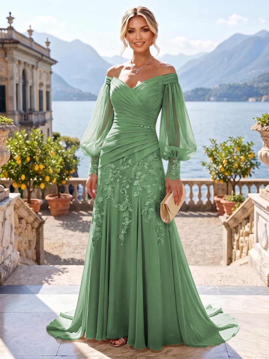 A-Line/Princess Off Shoulder Chiffon Floor-Length Mother of the Bride & Groom Dresses with Lace Appliques & Pleats (SHI22501566)