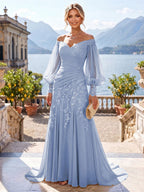 A-Line/Princess Off Shoulder Chiffon Floor-Length Mother of the Bride & Groom Dresses with Lace Appliques & Pleats (SHI22501566)