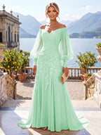 A-Line/Princess Off Shoulder Chiffon Floor-Length Mother of the Bride & Groom Dresses with Lace Appliques & Pleats (SHI22501566)