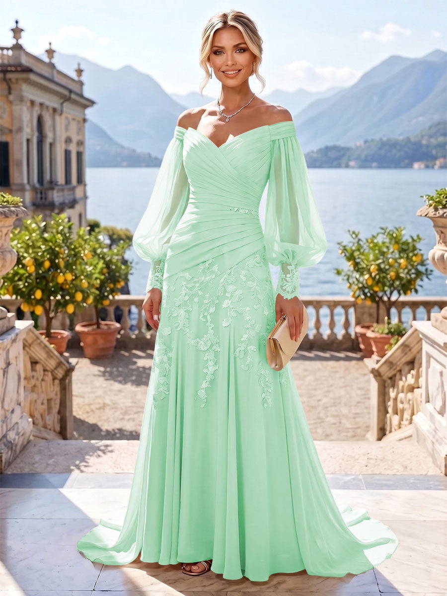 A-Line/Princess Off Shoulder Chiffon Floor-Length Mother of the Bride & Groom Dresses with Lace Appliques & Pleats (SHI22501566)