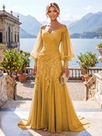 A-Line/Princess Off Shoulder Chiffon Floor-Length Mother of the Bride & Groom Dresses with Lace Appliques & Pleats (SHI22501566)
