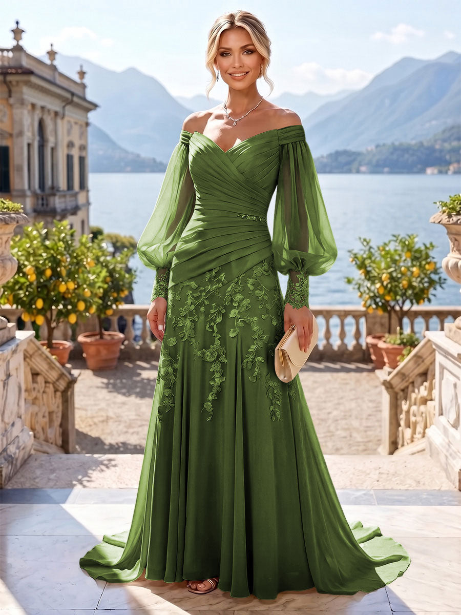 A-Line/Princess Off Shoulder Chiffon Floor-Length Mother of the Bride & Groom Dresses with Lace Appliques & Pleats (SHI22501566)