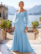 A-Line/Princess Off Shoulder Chiffon Floor-Length Mother of the Bride & Groom Dresses with Lace Appliques & Pleats (SHI22501566)