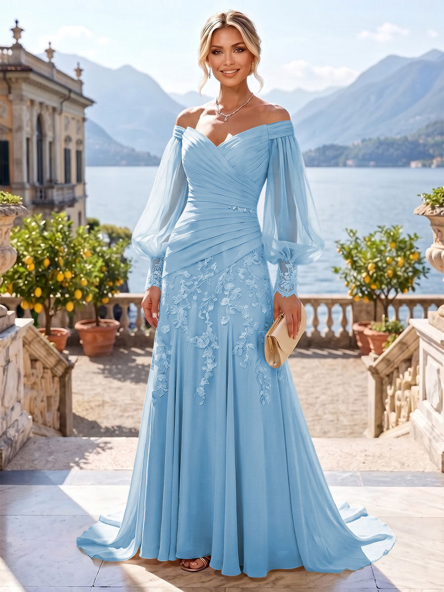 A-Line/Princess Off Shoulder Chiffon Floor-Length Mother of the Bride & Groom Dresses with Lace Appliques & Pleats (SHI22501566)