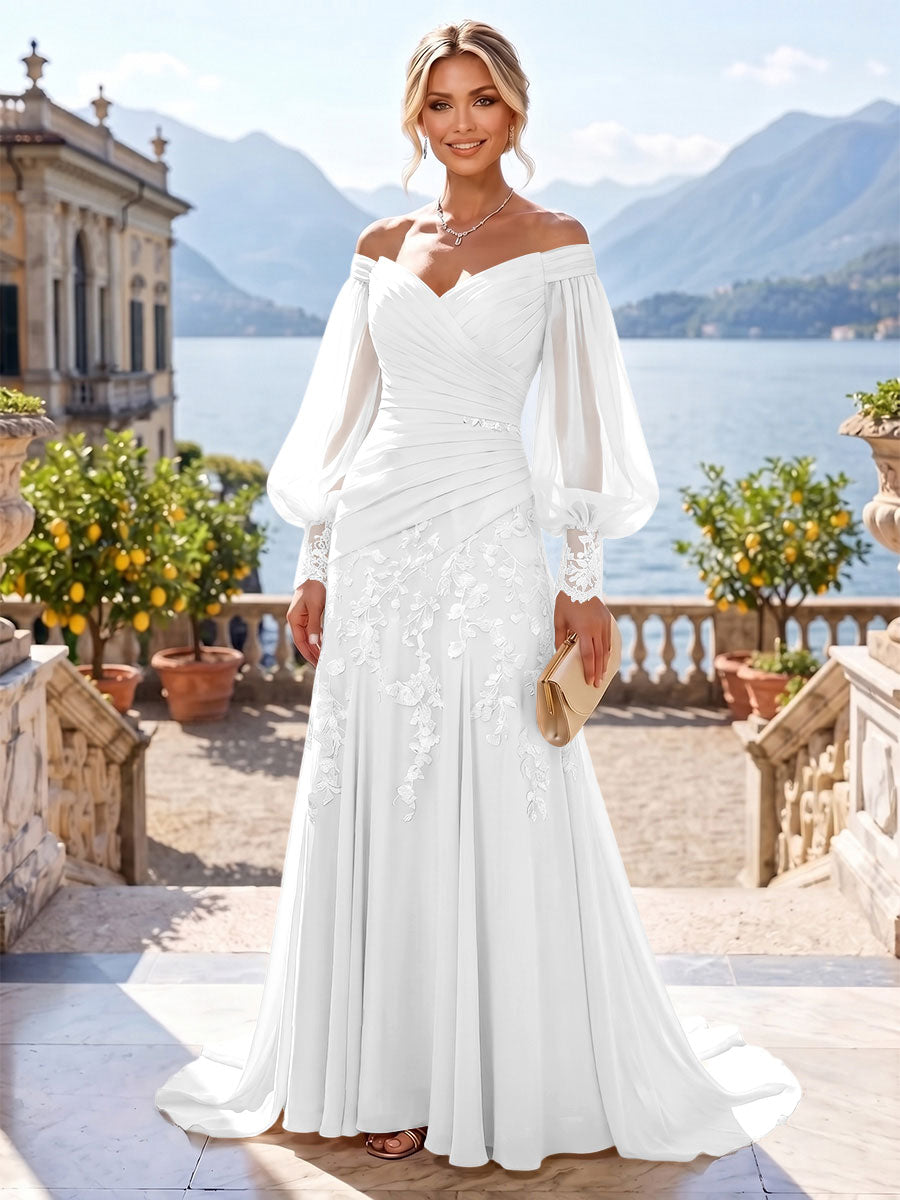 A-Line/Princess Off Shoulder Chiffon Floor-Length Mother of the Bride & Groom Dresses with Lace Appliques & Pleats (SHI22501566)