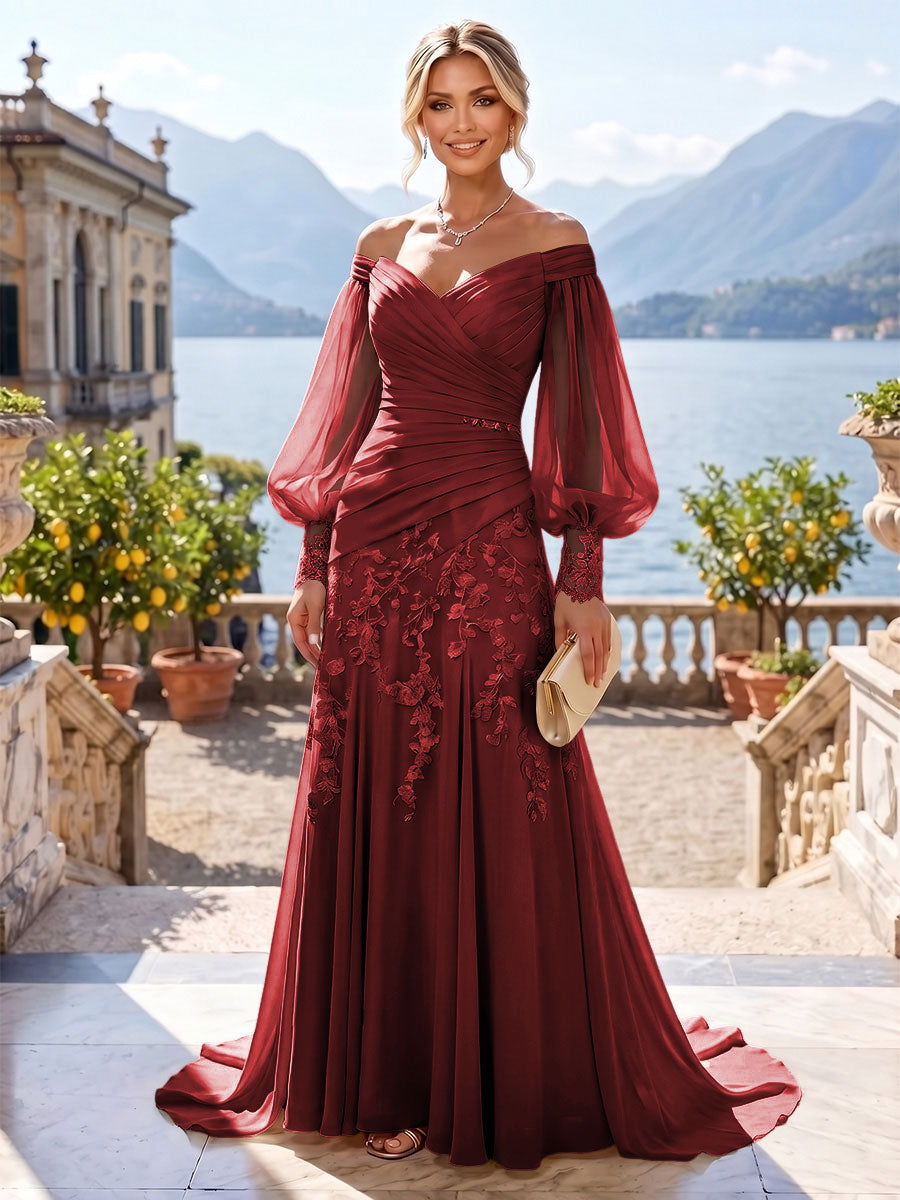 A-Line/Princess Off Shoulder Chiffon Floor-Length Mother of the Bride & Groom Dresses with Lace Appliques & Pleats (SHI22501566)