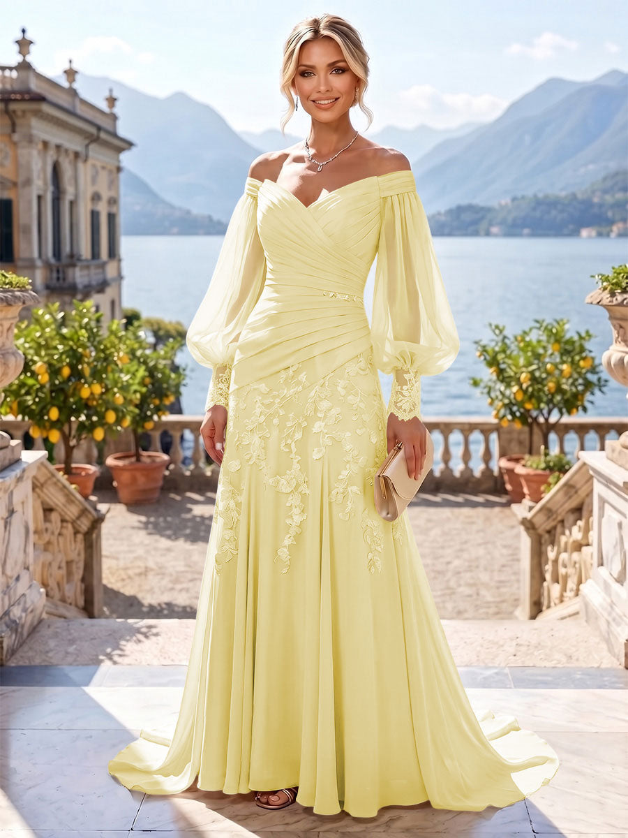 A-Line/Princess Off Shoulder Chiffon Floor-Length Mother of the Bride & Groom Dresses with Lace Appliques & Pleats (SHI22501566)