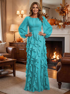 A-Line/Princess Scoop Neck Chiffon Maxi Mother of the Bride & Groom Dresses with Ruffles (SHI22501599)
