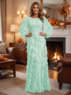 A-Line/Princess Scoop Neck Chiffon Maxi Mother of the Bride & Groom Dresses with Ruffles (SHI22501599)