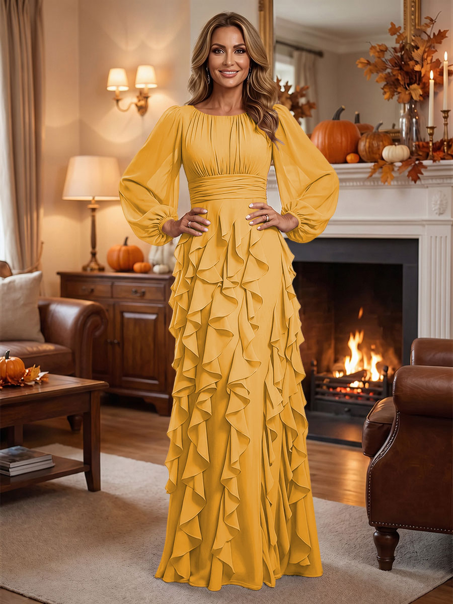 A-Line/Princess Scoop Neck Chiffon Maxi Mother of the Bride & Groom Dresses with Ruffles (SHI22501599)