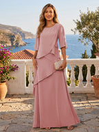 A-Line/Princess Scoop Neck Chiffon Floor-Length Mother of the Bride & Groom Dresses with Tiered Layers & Ruffles (SHI22501612)